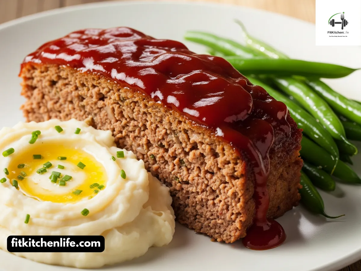 Homemade classic meatloaf made with ground beef, topped with a sweet and tangy sauce.