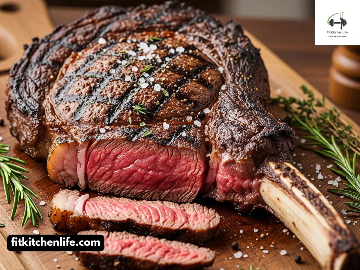 A grilled bone-in cowboy ribeye steak, seasoned with salt and pepper, sliced to reveal a perfect medium-rare interior.