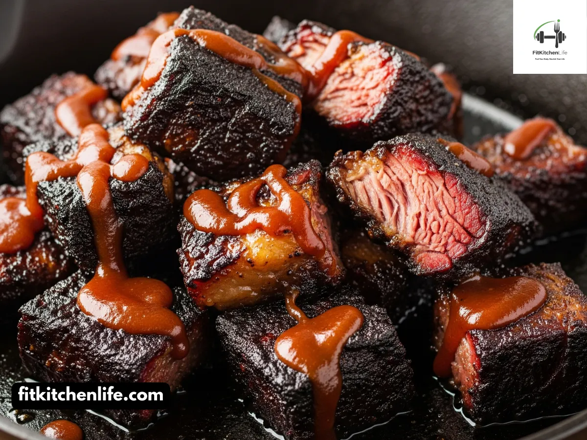 Homemade Kansas City burnt ends made from smoked brisket point, coated in a sticky, sweet BBQ sauce glaze.