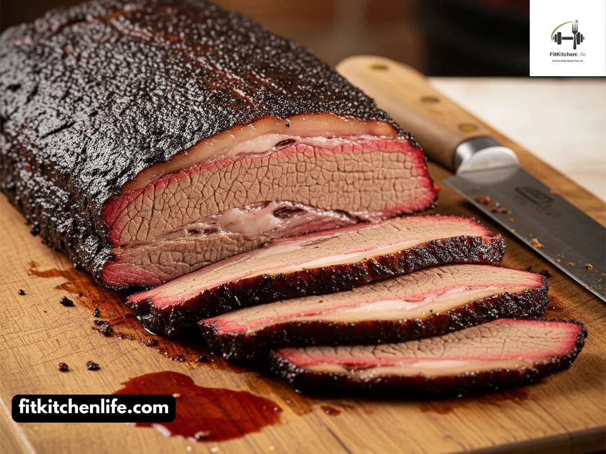 Texas-style smoked beef brisket sliced and served on a wooden board with smoke visible.