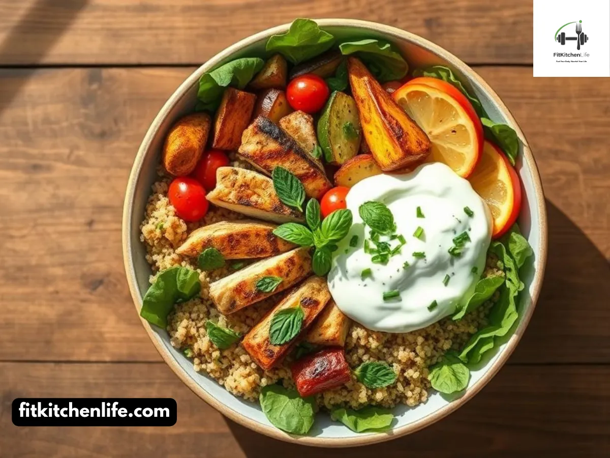 A vibrant Mediterranean quinoa power bowl with grilled chicken, roasted vegetables, and tzatziki, overhead view on a wooden table, bright natural lighting, food photography style.