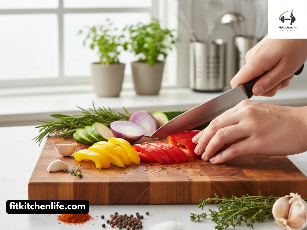 A close-up of hands chopping fresh vegetables on a wooden cutting board with herbs and spices visible, natural window lighting, food photography style.