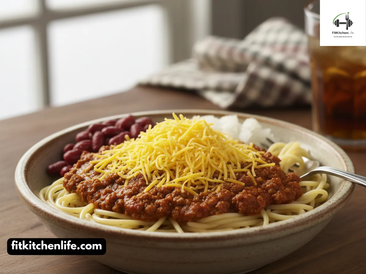 Professional food photography of Cincinnati chili over spaghetti with the classic "five-way" presentation showing spaghetti topped with chili, shredded cheddar, kidney beans, and chopped onions. Shot at 45° angle with natural lighting, shallow depth of field, and rustic ceramic bowl.