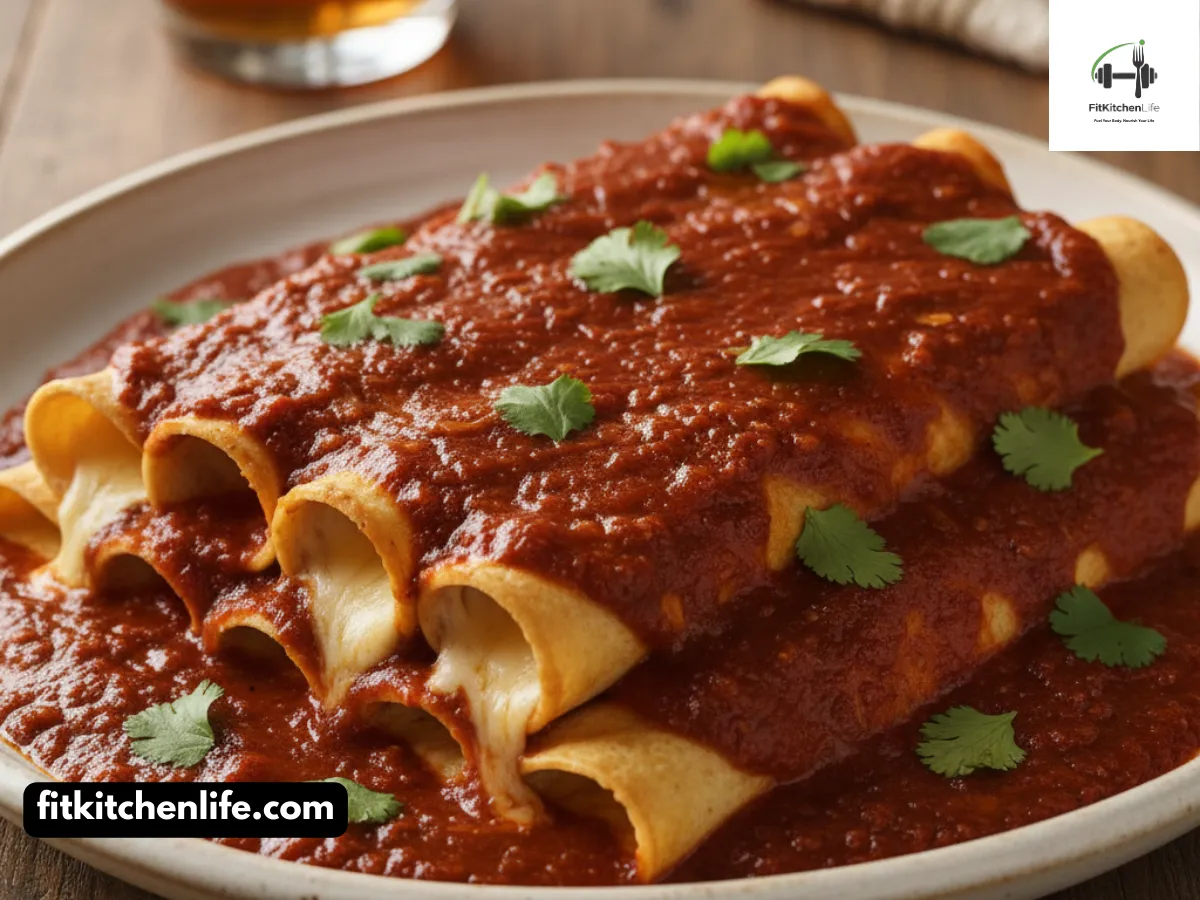 Professional food photography of Tex-Mex cheese enchiladas smothered in red chili gravy, with visible layers of rolled tortillas and melted cheese. Shot at 45° angle with natural lighting, shallow depth of field, and rustic ceramic platter garnished with fresh cilantro.