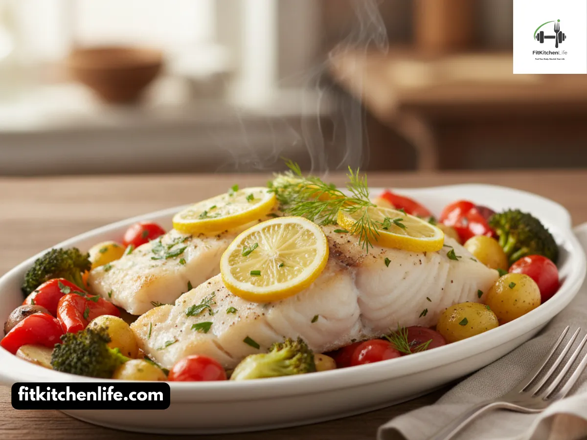 Professional food photography of baked cod fillets on a white plate, topped with fresh lemon slices and herbs, surrounded by roasted vegetables. Shot at 45° angle showing the flaky white flesh and golden edges, with steam rising and fresh herbs garnishing the dish.
