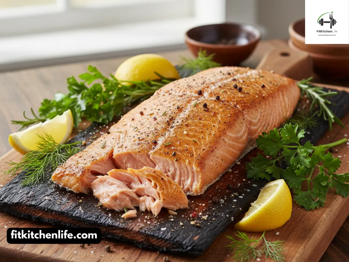 Professional food photography of cedar-plank grilled salmon served on a wooden board, garnished with fresh herbs and lemon wedges. Shot at 45° angle with natural lighting showing the perfectly cooked pink flesh and charred cedar plank edges.