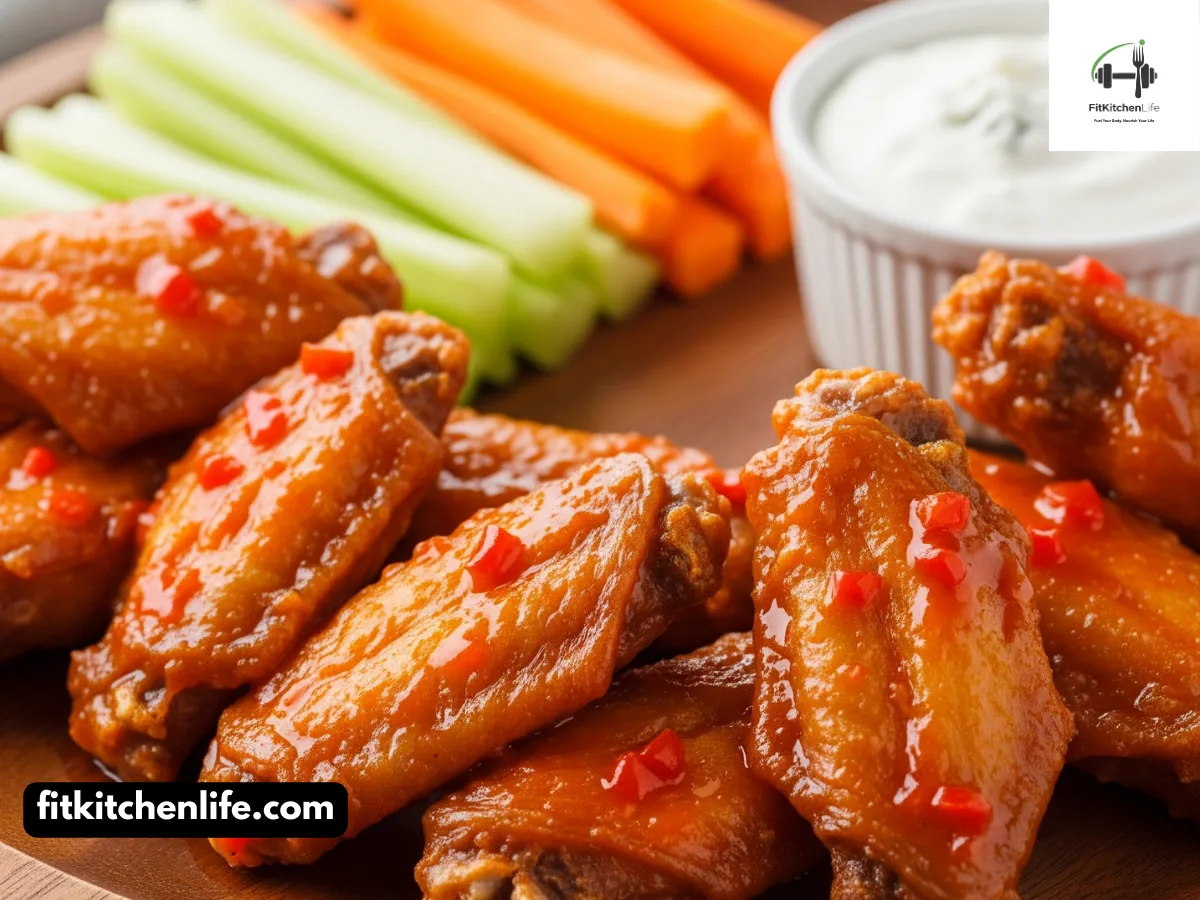 A professional food photograph of crispy Buffalo hot wings arranged on a platter, glistening with spicy sauce. Captured at a 45° angle with natural lighting and a shallow depth of field, the scene is styled with celery sticks, a bowl of blue cheese dip, and carrot sticks in the blurred background, creating a vibrant, appetizing composition.