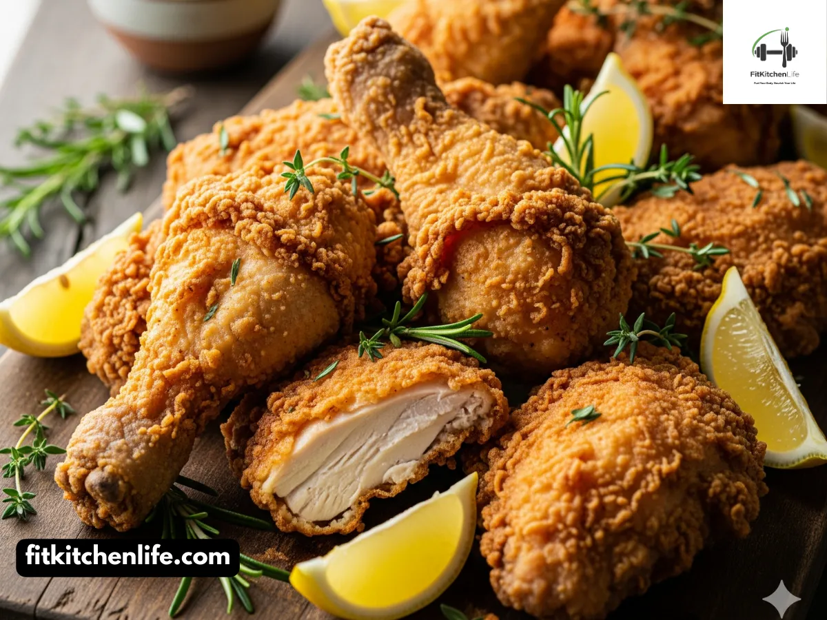 A professional food photograph of golden-brown Southern fried chicken pieces arranged on a rustic wooden board. The crispy coating is highlighted, captured at a 45° angle with natural lighting and a shallow depth of field. Fresh herbs, lemon wedges, and a small bowl of honey are styled in the blurred background, enhancing the rustic aesthetic.