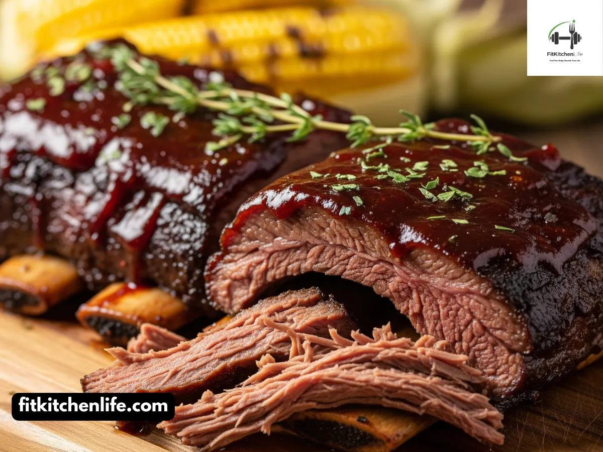 Professional food photography of BBQ beef short ribs served on a wooden cutting board, with meat falling off the bone and glistening with barbecue sauce. Shot at 45° angle with natural lighting, shallow depth of field, styled with fresh herbs and grilled corn on the cob in the background.