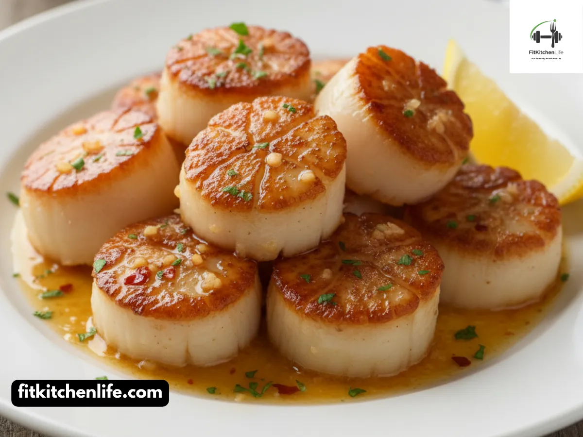 Professional food photography of perfectly seared garlic butter scallops arranged on a white plate, with golden-brown crusts and glistening garlic butter sauce. Shot at 45° angle showing the caramelized edges and tender interior, with fresh parsley garnish and lemon wedge.