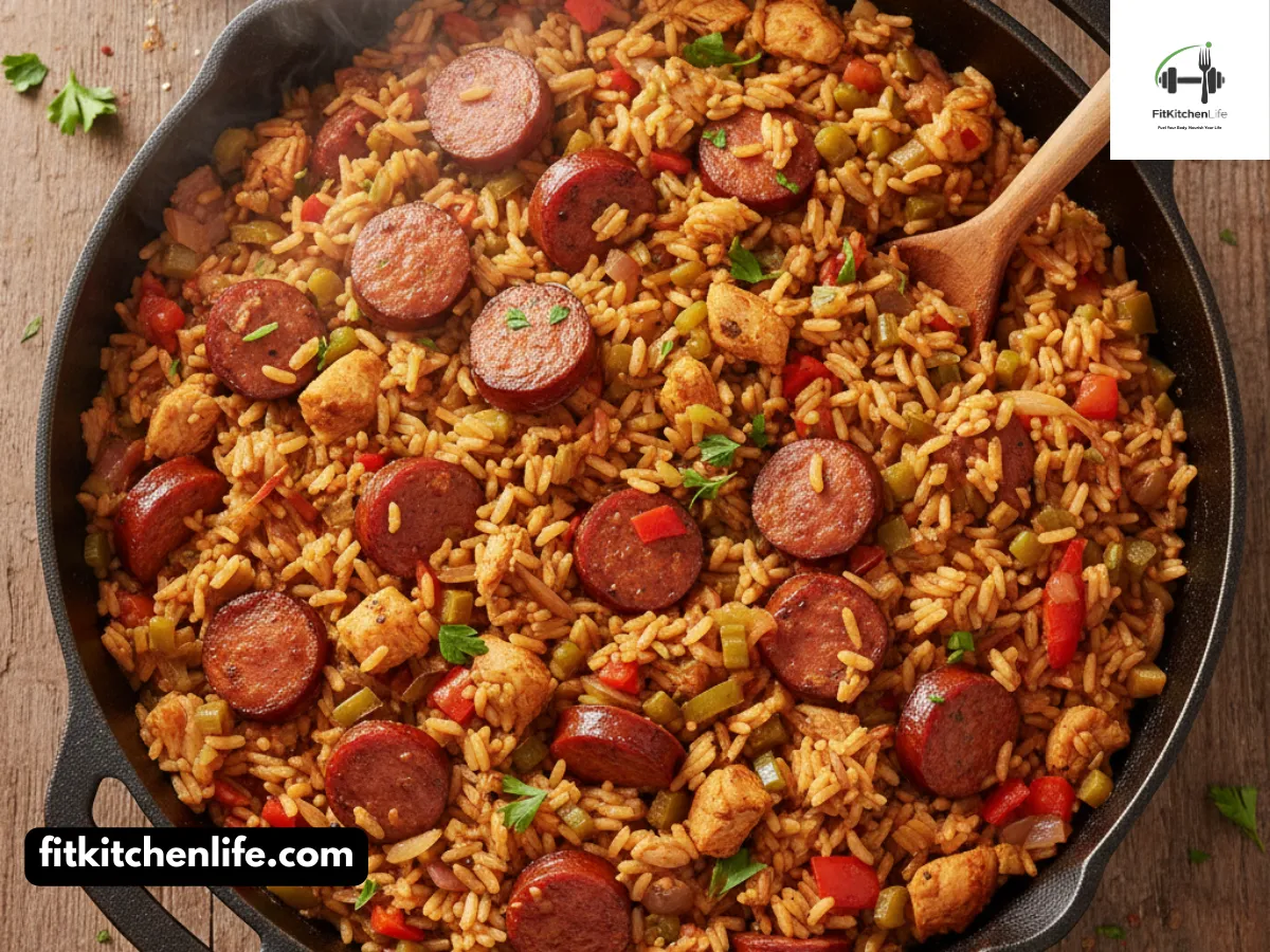 Professional food photography of authentic jambalaya in a cast iron pot, showing the rich red rice filled with chunks of andouille sausage, chicken, and vegetables. Shot overhead with warm lighting highlighting the steam and textures of the ingredients.
