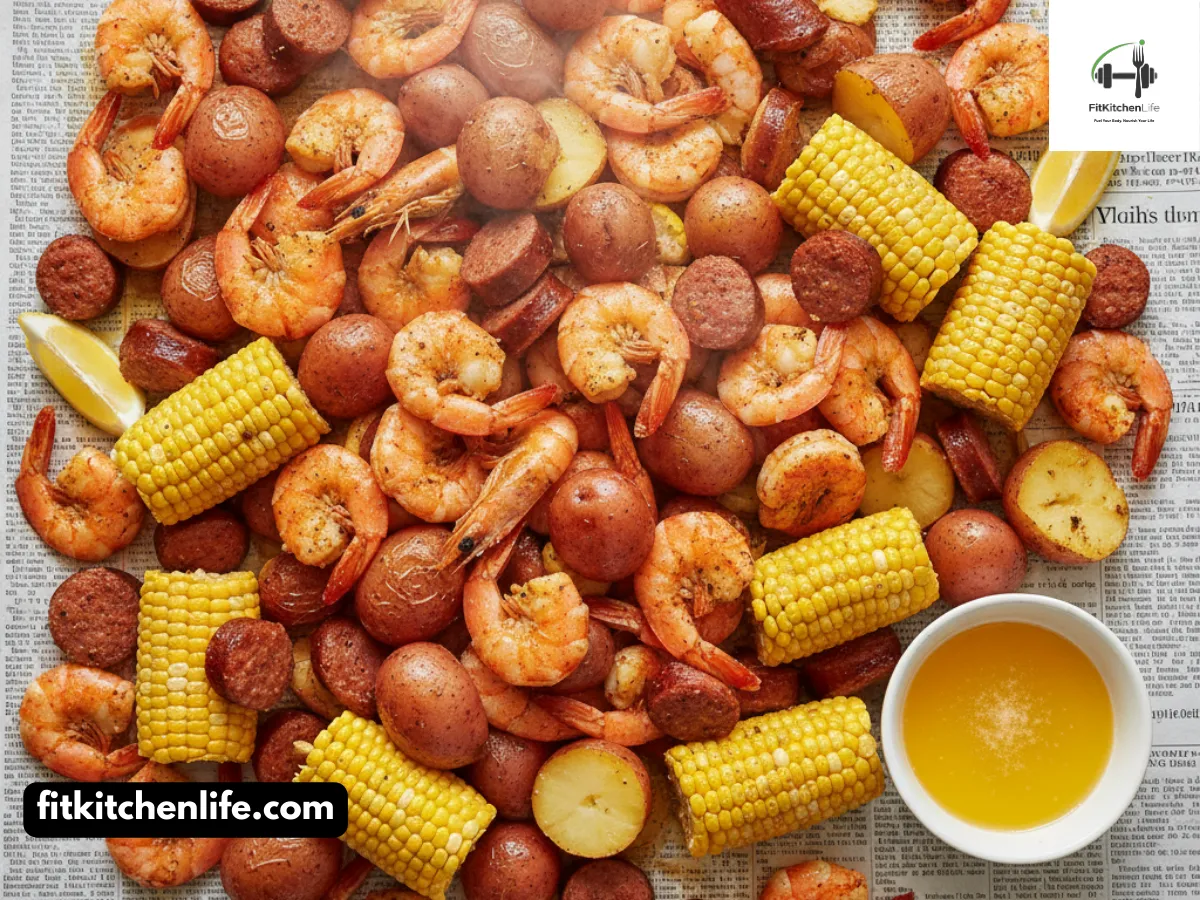 Professional food photography of a traditional Lowcountry shrimp boil spread on newspaper, showing shrimp, corn on the cob, red potatoes, and sausage piled high with steam rising. Include melted butter dipping sauce and lemon wedges. Shot overhead with warm, natural lighting capturing the communal feast atmosphere.