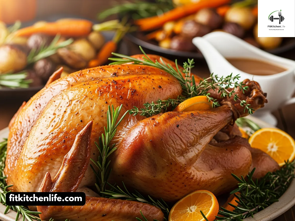 Alt text: A professional food photograph of a perfectly roasted golden-brown Thanksgiving turkey on a platter, garnished with fresh herbs and citrus slices. Captured at a 45° angle with natural lighting and a shallow depth of field, the scene is styled with roasted vegetables and a gravy boat in the blurred background, emphasizing a festive, warm atmosphere.