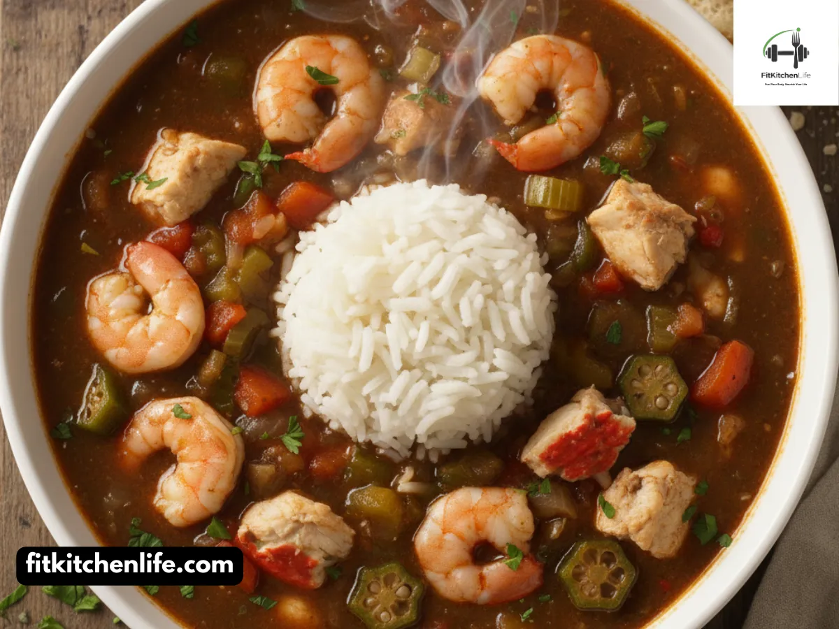 Professional food photography of authentic seafood gumbo in a white bowl, showing the rich dark broth filled with shrimp, crab pieces, and vegetables, served over a bed of white rice with a side of crusty French bread. Shot overhead with warm lighting highlighting the steam and textures.