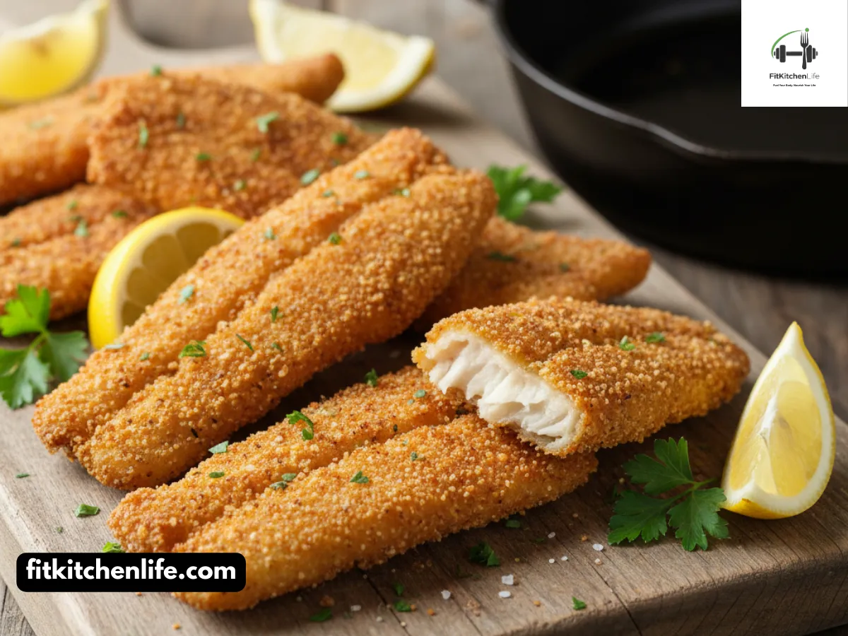 Professional food photography of golden-brown fried catfish fillets arranged on a rustic wooden board, served with lemon wedges and fresh parsley. Shot at 45° angle showing the crispy cornmeal crust and flaky interior, with a cast iron skillet partially visible in the background.