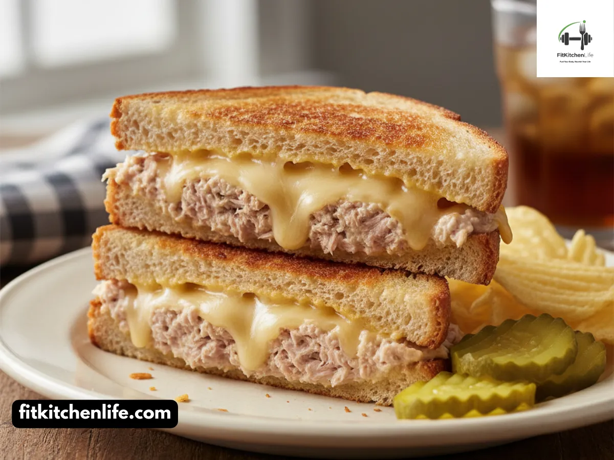 Professional food photography of a classic tuna melt sandwich cut diagonally, showing the cross-section with melted cheese oozing between golden-brown bread and creamy tuna salad. Shot at 45° angle with natural lighting, served on a vintage plate with a side of pickles and potato chips.