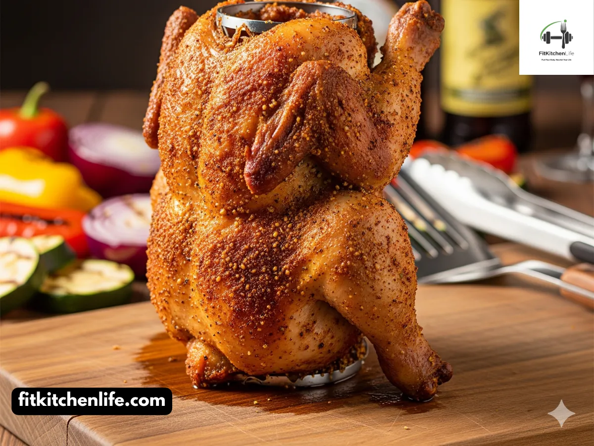 A professional food photograph of a perfectly grilled beer can chicken standing upright on a cutting board, featuring golden-brown crispy skin with a visible spice rub. Captured at a 45° angle with natural lighting and a shallow depth of field, the scene is styled with grilled vegetables, beer bottles, and barbecue tools in the blurred background, creating a rustic, savory atmosphere.