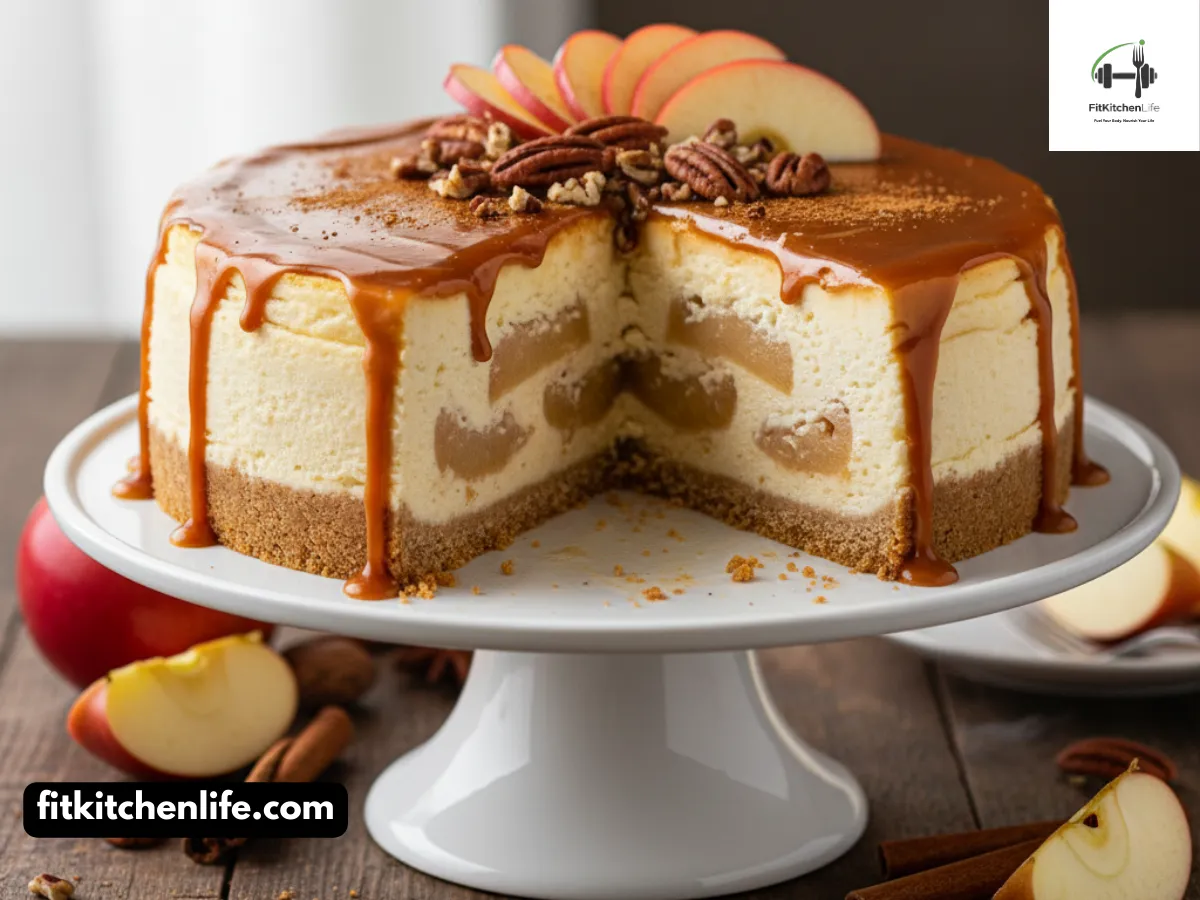 Professional food photography of caramel-apple brandy cheesecake served on an elegant white cake stand. A perfect slice shows the distinct layers: golden graham cracker crust, creamy cheesecake filling with swirls of spiced apples, and glossy caramel sauce dripping down the sides. Garnished with fresh apple slices, a sprinkle of cinnamon, and a few pecans. Shot at 45° angle with soft natural lighting, shallow depth of field, and autumn-themed props like cinnamon sticks and apple slices artfully arranged around the plate.