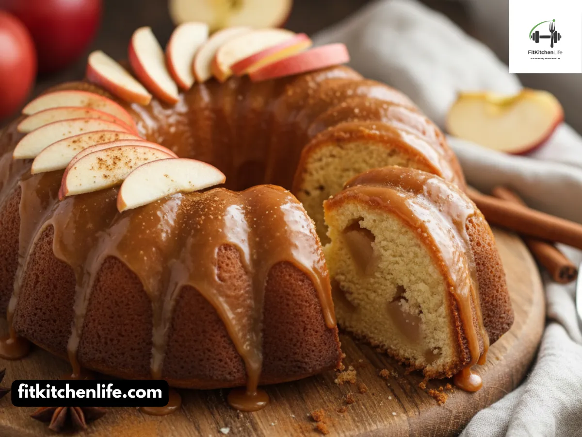 Professional food photography of caramel-apple cake served on a rustic wooden board, with a slice removed to show the moist interior and apple pieces throughout. The cake features a glossy caramel glaze dripping down the sides, garnished with apple slices and a sprinkle of cinnamon. Shot at 45° angle with natural lighting, shallow depth of field, and autumn-themed props like cinnamon sticks and apple slices scattered around.