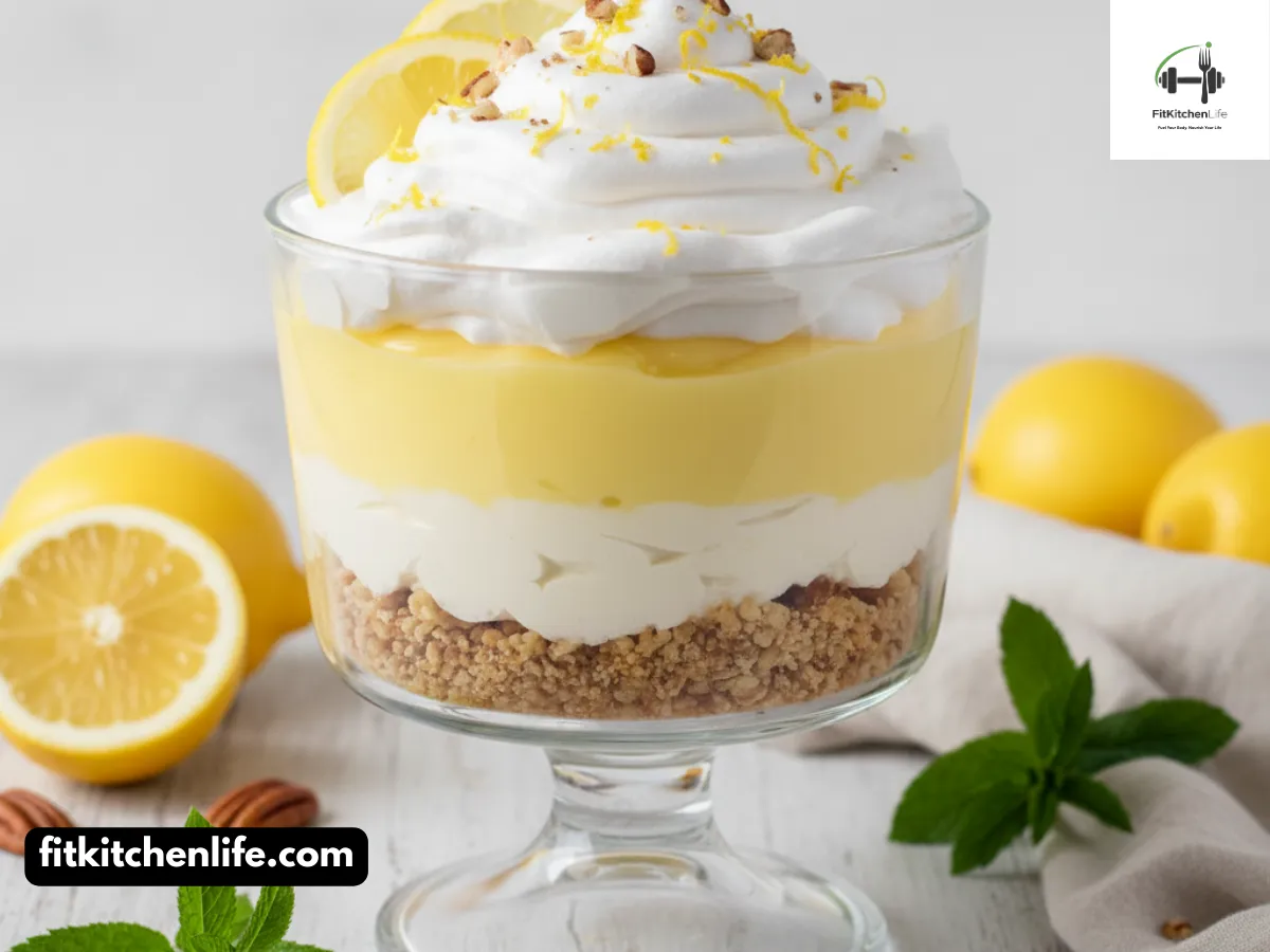 Professional food photography of lemon lush dessert served in a clear glass trifle dish, showing off the distinct layers: golden brown nut crust at the bottom, creamy white cream cheese layer, bright yellow lemon pudding layer, and fluffy white whipped topping on top. Garnished with fresh lemon slices, a sprinkle of lemon zest, and a few chopped nuts. Shot at 45° angle with bright natural lighting, shallow depth of field, and summer-themed props like fresh lemons and mint leaves scattered around.