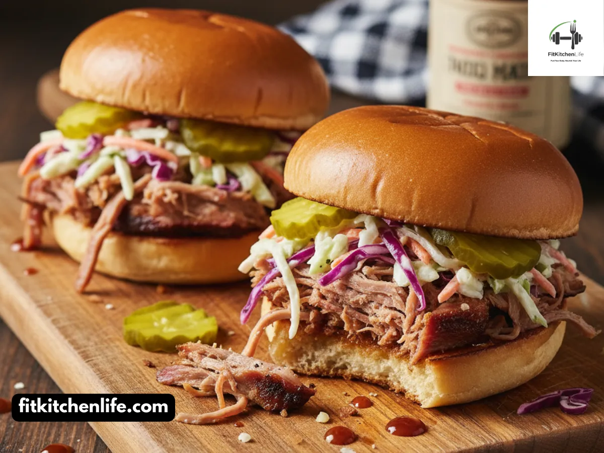 Professional food photography of pulled pork sandwiches on brioche buns with visible layers of tender pork, coleslaw, and pickles. Shot at 45° angle with natural lighting, shallow depth of field, and rustic wooden board backdrop with barbecue sauce bottle.
