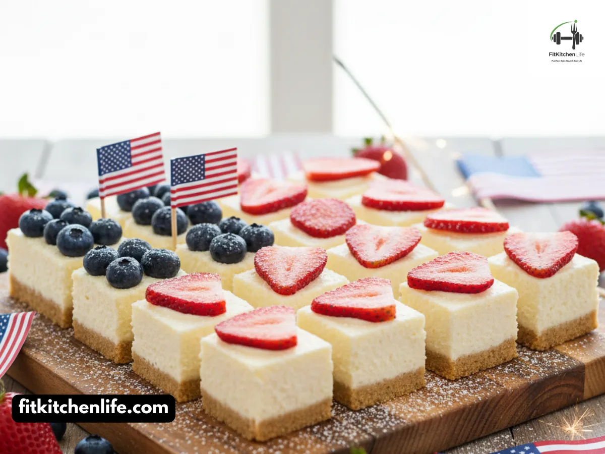 Professional food photography of red, white, and blue cheesecake bites arranged on a rustic wooden board in a flag pattern. Each bite-sized cheesecake features a golden graham cracker crust, creamy white filling, and is topped with either fresh strawberry slices or fresh blueberries. Some bites are dusted with powdered sugar, and others have tiny American flag toothpicks. Shot at 45° angle with bright natural lighting, shallow depth of field, and patriotic-themed props like small American flags and sparklers artfully arranged around the plate.