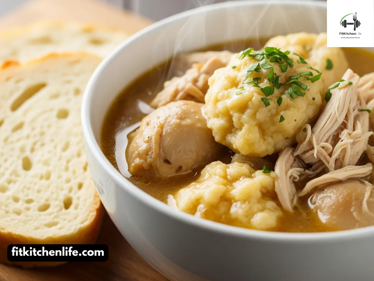 A professional food photograph of a steaming bowl of Southern chicken and dumplings, featuring tender chicken pieces, fluffy dumplings, and rich broth. Captured at a 45° angle with natural lighting and a shallow depth of field, the scene is styled with a fresh parsley garnish and a side of crusty bread in the blurred background, evoking a cozy, comforting atmosphere.